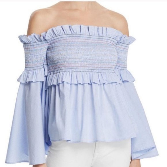 Light Blue Aqua Smocked Ruffled Off the Shoulder Blouse - Picture 1 of 15